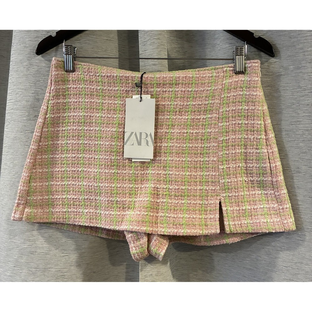 ZARA Pink Green gingham Tweed texture Plaids Stripes Mini Skort size M NWT - Picture 2 of 5